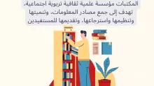 المكتبات مؤسسة علمية ثقافية تربوية اجتماعية، تهدف إلى جمع مصادر المعلومات، وتنميتها وتنظيمها واسترجاعها، وتقديمها للمستفيدين